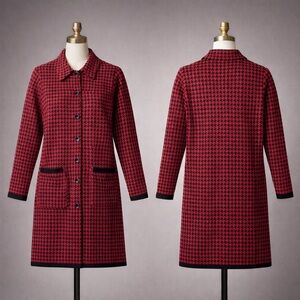 Red Black Houndstooth Knit Sweater Dress Button Front Pockets S USA